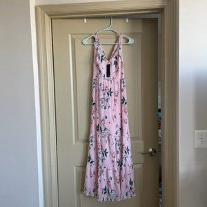 Pink Floral Print Pleated Tie-Back Midi Dress